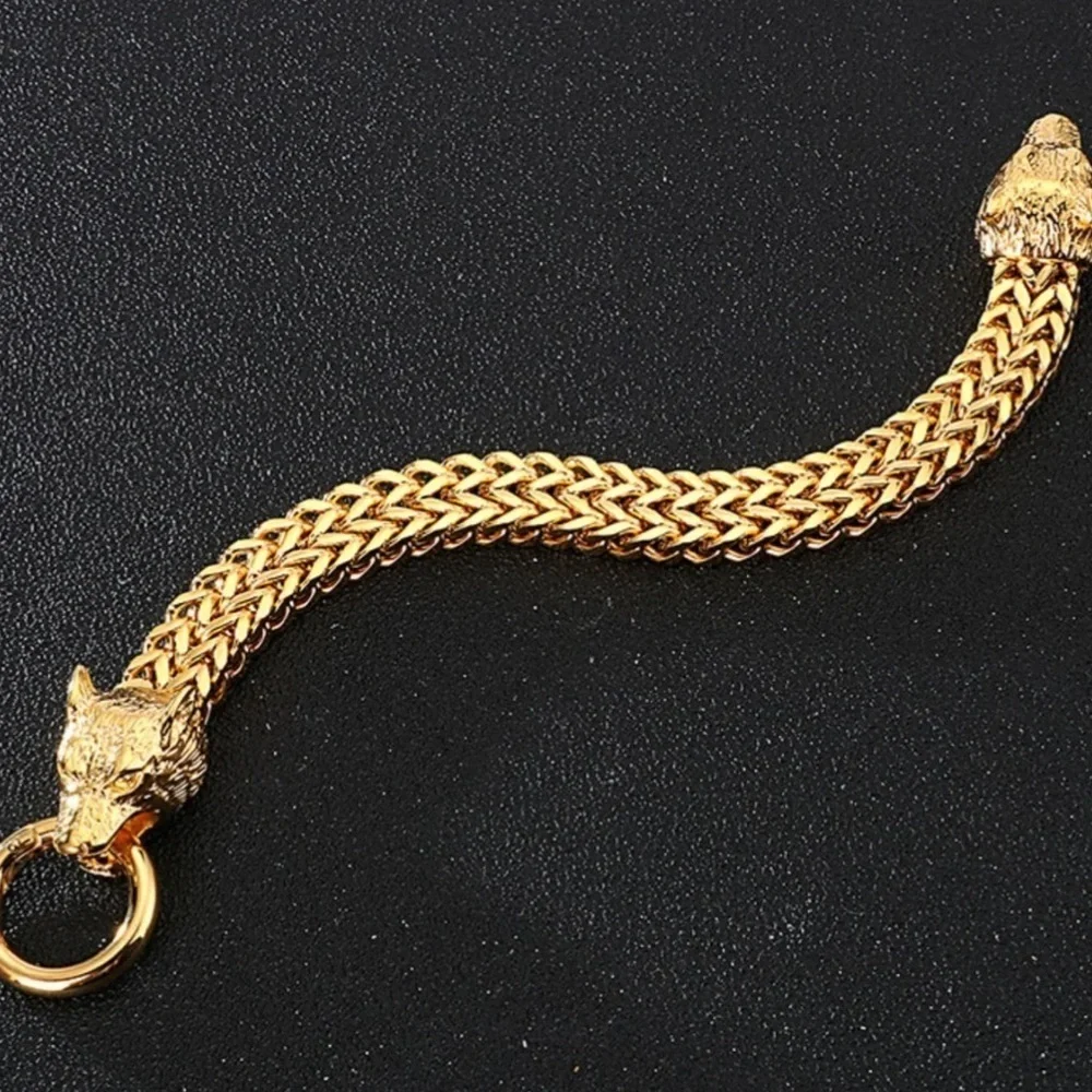 NEW 14k gold Titanium Wolf Head Franco Link Bracelet Mens